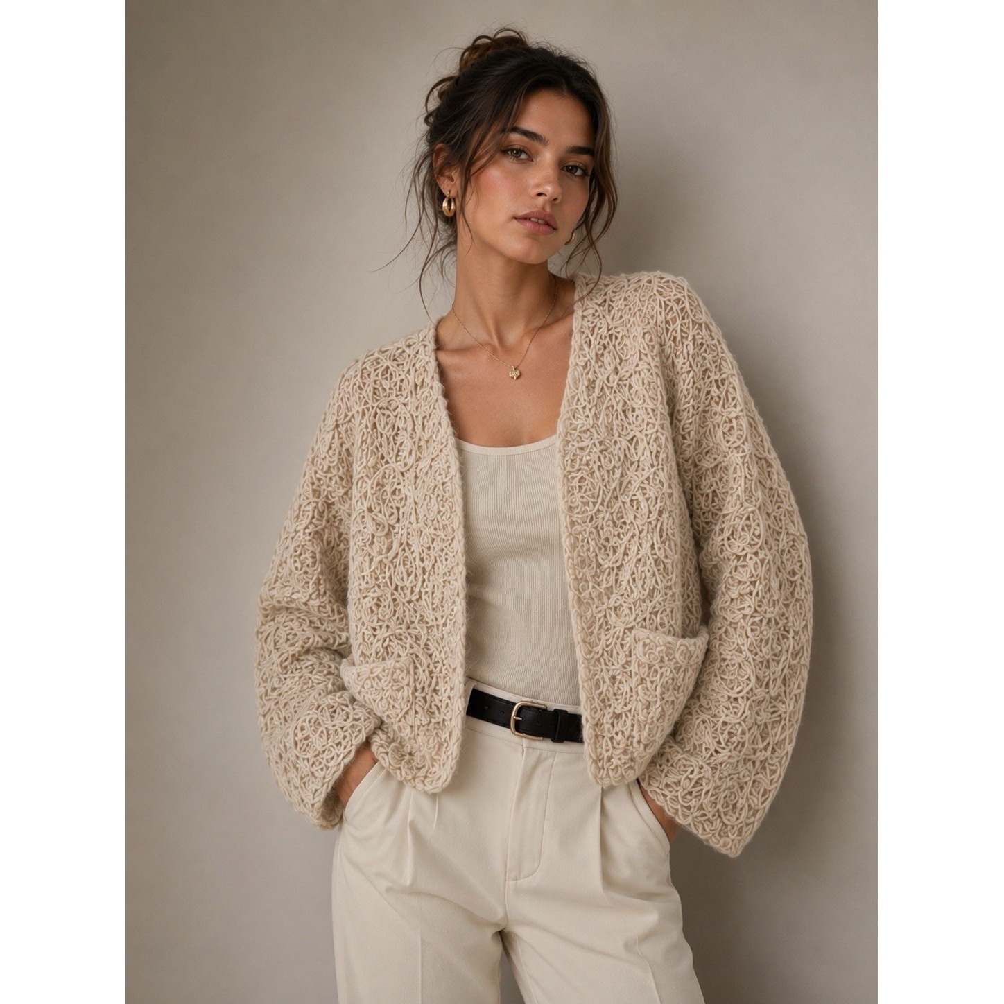 Chico's Cardigan Open-Front Wool Scrolling Textured 3d Design Knit Size 3 Us Xl